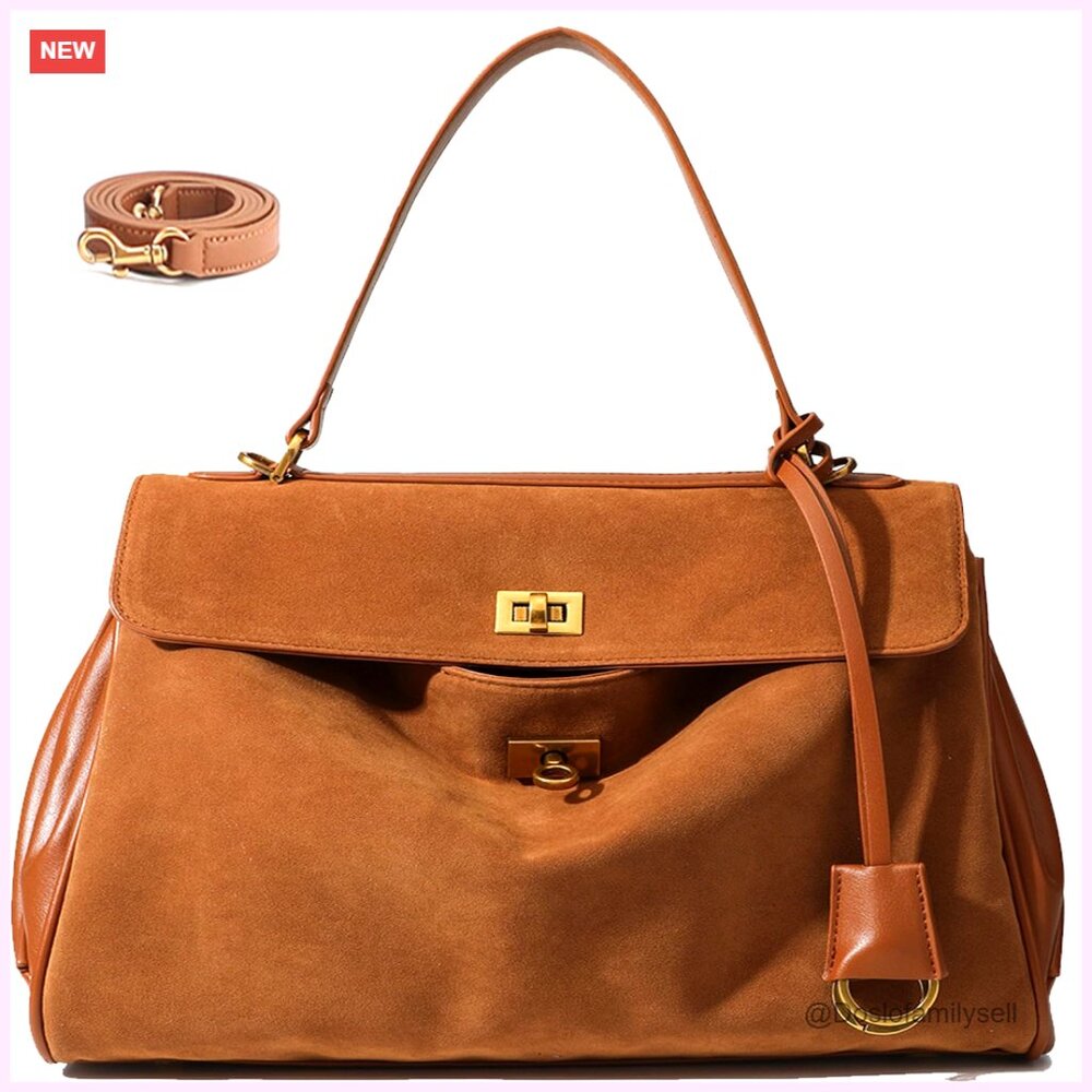 Slouchy Hobo Tote Bag Faux Suede Genuine Cowhide Structured Elegant Shoulder Bag